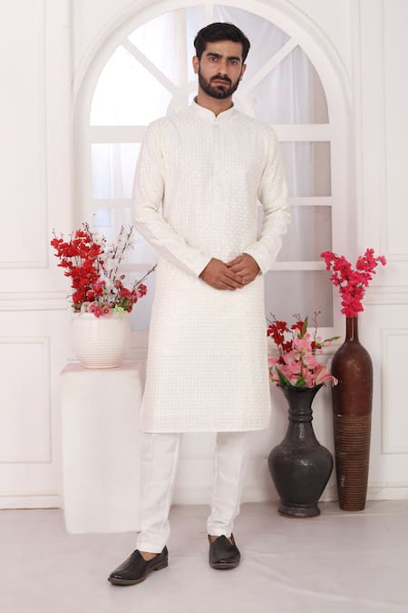 Shop_Arihant Rai Sinha_Cream Silk Embroidery Straight Kurta _Online_at_Aza_Fashions