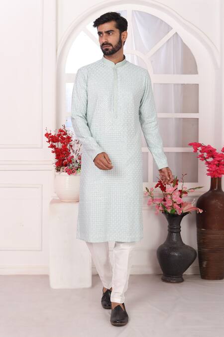 Buy_Arihant Rai Sinha_Mint Silk Embroidery Green Straight Kurta _Online_at_Aza_Fashions