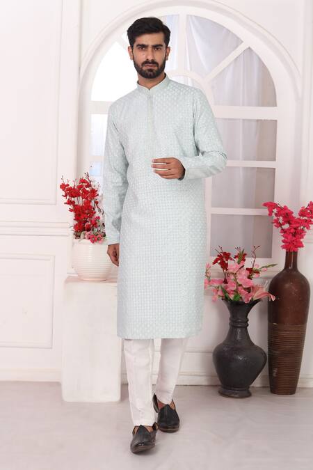 Shop_Arihant Rai Sinha_Mint Silk Embroidery Green Straight Kurta _Online_at_Aza_Fashions