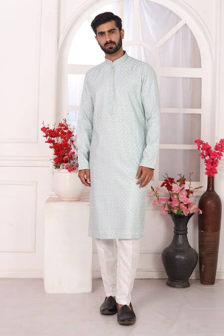 Arihant Rai Sinha_Mint Silk Embroidery Green Straight Kurta _at_Aza_Fashions