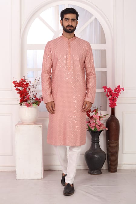 Arihant Rai Sinha_Peach Silk Embroidery Art Straight Kurta _Online_at_Aza_Fashions