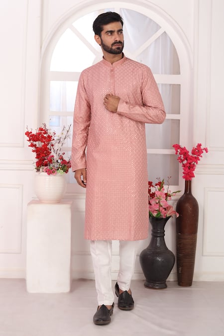 Buy_Arihant Rai Sinha_Peach Silk Embroidery Art Straight Kurta _Online_at_Aza_Fashions