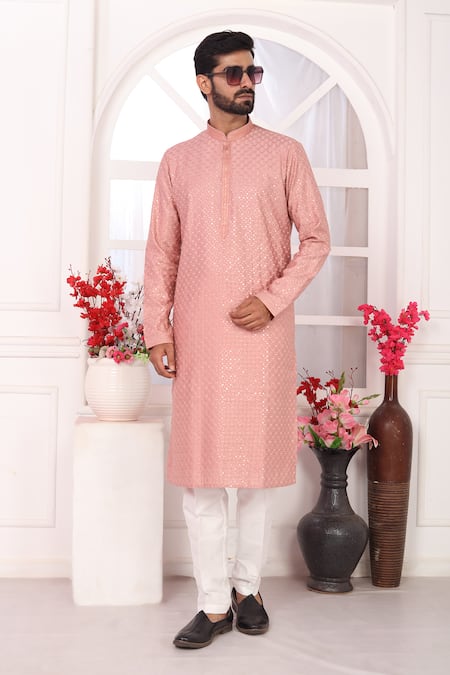 Shop_Arihant Rai Sinha_Peach Silk Embroidery Art Straight Kurta _Online_at_Aza_Fashions