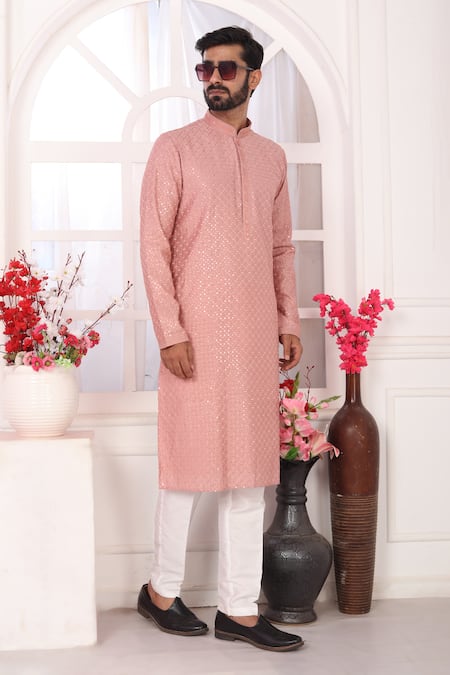 Arihant Rai Sinha_Peach Silk Embroidery Art Straight Kurta _at_Aza_Fashions