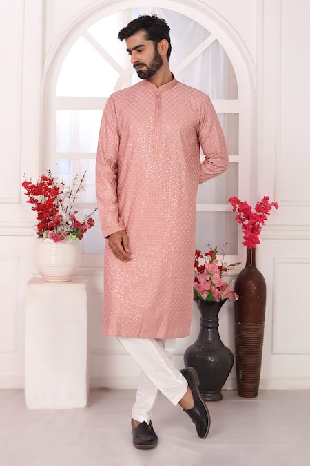Buy_Arihant Rai Sinha_Peach Silk Embroidery Art Straight Kurta 