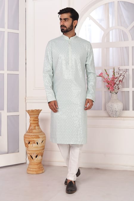Arihant Rai Sinha_Mint Silk Embroidery Green Straight Kurta _Online_at_Aza_Fashions