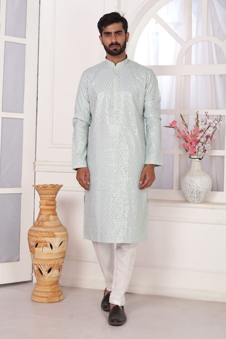 Shop_Arihant Rai Sinha_Mint Silk Embroidery Green Straight Kurta _Online_at_Aza_Fashions