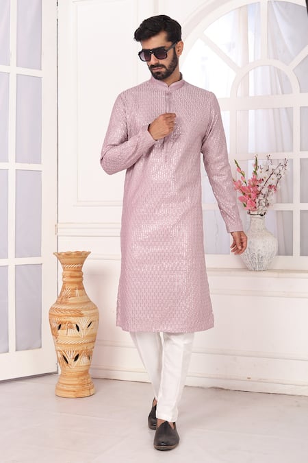Buy_Arihant Rai Sinha_Purple Silk Embroidery Art Straight Kurta _Online_at_Aza_Fashions