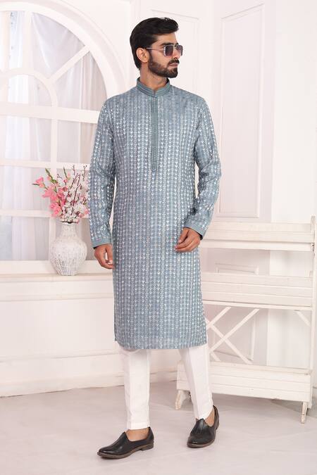 Buy_Arihant Rai Sinha_Blue Silk Embroidery Art Straight Kurta _Online_at_Aza_Fashions