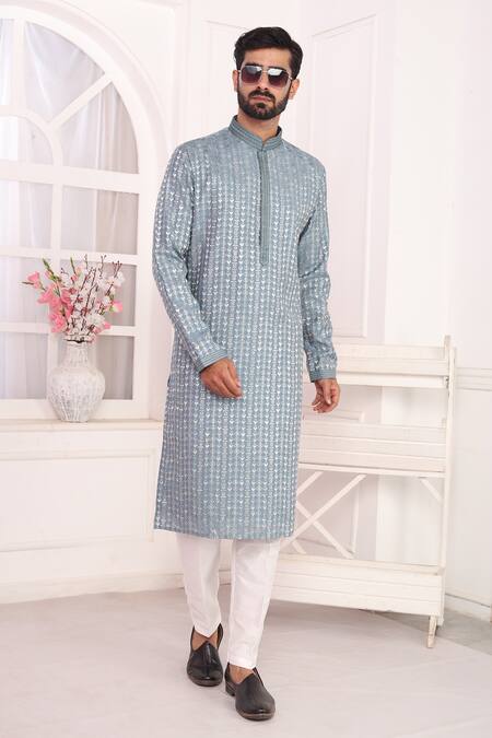 Shop_Arihant Rai Sinha_Blue Silk Embroidery Art Straight Kurta _Online_at_Aza_Fashions