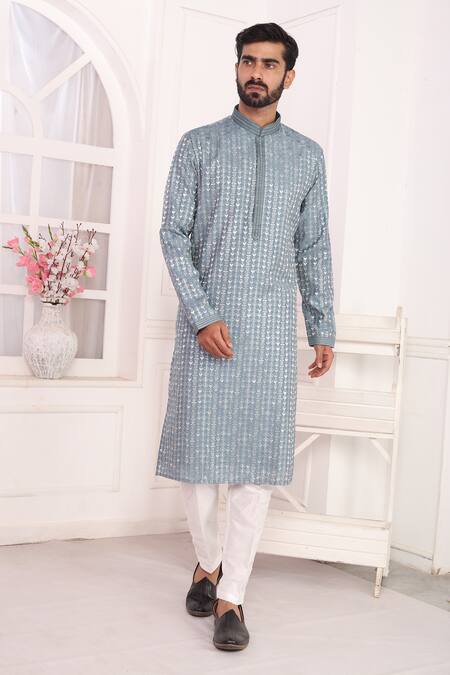 Arihant Rai Sinha_Blue Silk Embroidery Art Straight Kurta _at_Aza_Fashions