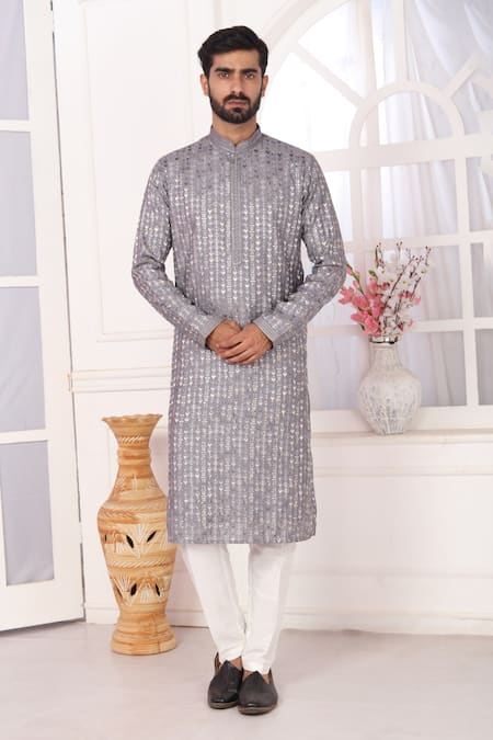 Arihant Rai Sinha_Gray Silk Embroidery Grey Art Straight Kurta _Online_at_Aza_Fashions