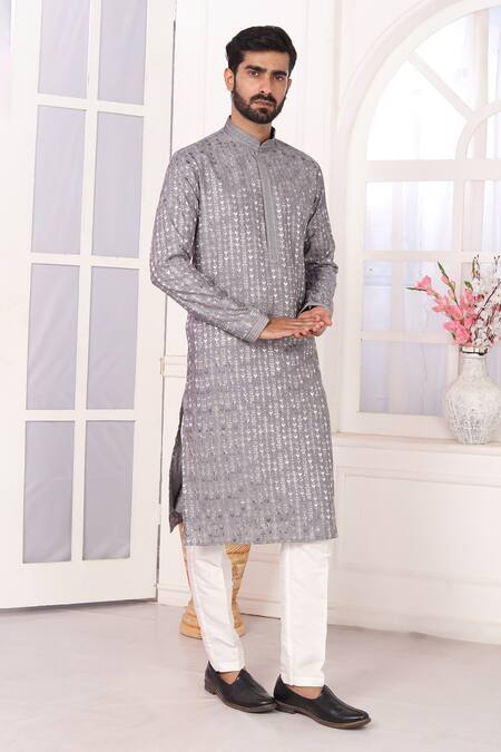 Buy_Arihant Rai Sinha_Gray Silk Embroidery Grey Art Straight Kurta _Online_at_Aza_Fashions