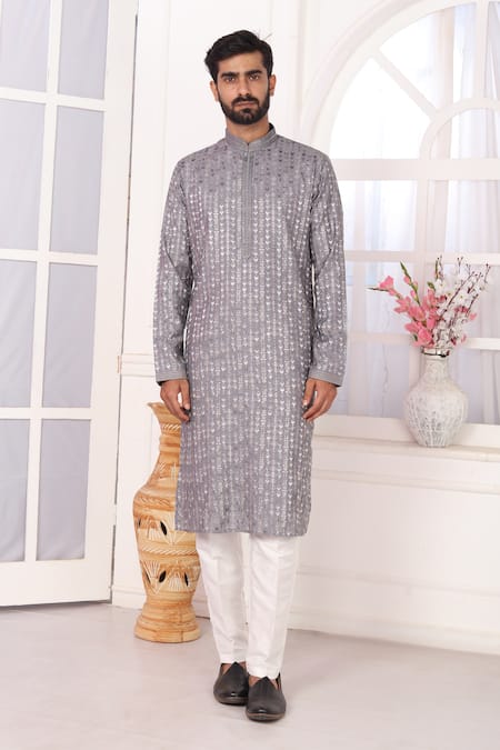 Shop_Arihant Rai Sinha_Gray Silk Embroidery Grey Art Straight Kurta _Online_at_Aza_Fashions