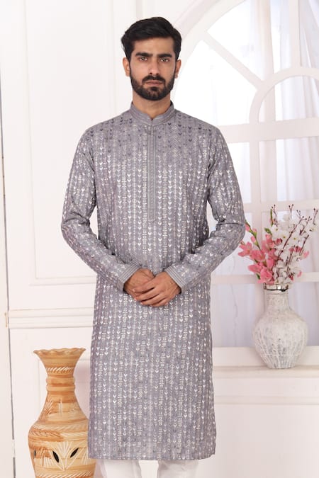 Arihant Rai Sinha Gray Silk Embroidery Grey Art Straight Kurta at Aza Fashions Arihant Rai Sinha_Gray Silk Embroidery Grey Art Straight Kurta _at_Aza_Fashions
