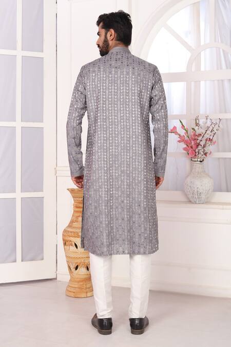 Shop_Arihant Rai Sinha_Gray Silk Embroidery Grey Art Straight Kurta _at_Aza_Fashions