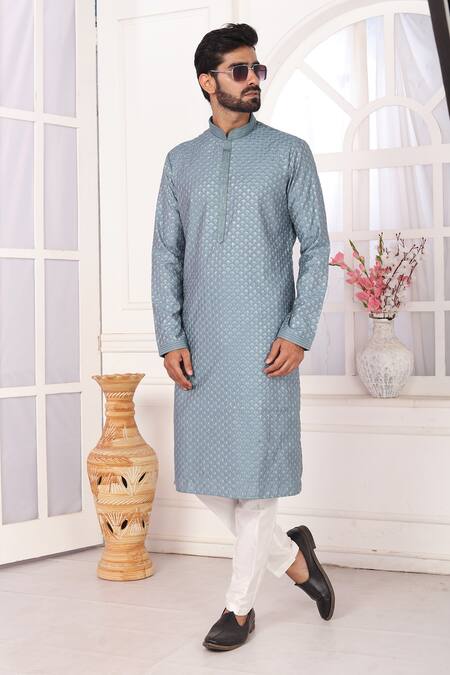Buy_Arihant Rai Sinha_Gray Silk Embroidery Grey Art Straight Kurta _Online_at_Aza_Fashions