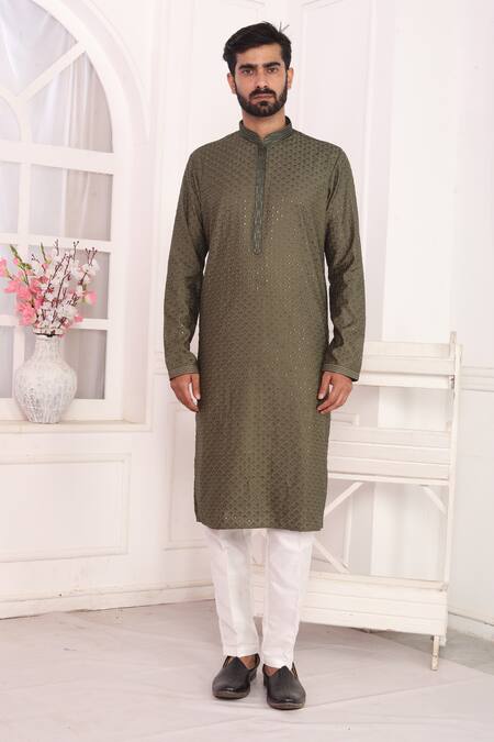 Buy_Arihant Rai Sinha_Green Silk Embroidery Art Straight Kurta _Online_at_Aza_Fashions