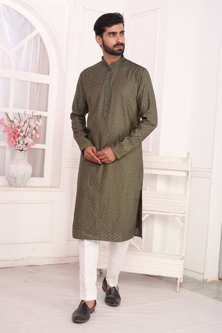 Shop_Arihant Rai Sinha_Green Silk Embroidery Art Straight Kurta _Online_at_Aza_Fashions