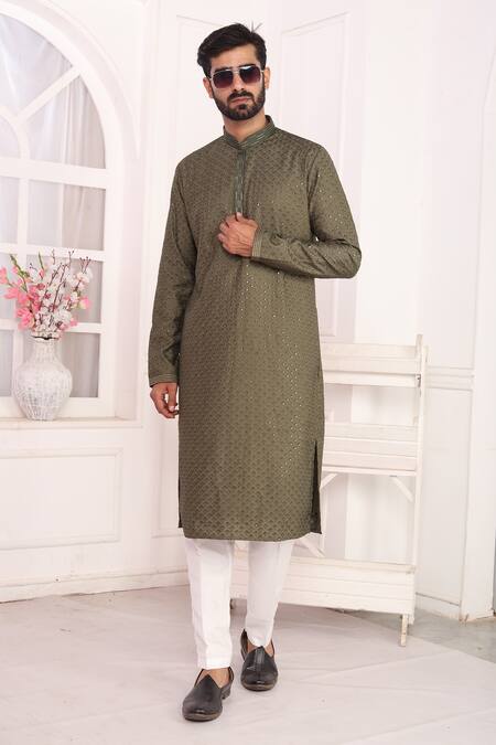 Arihant Rai Sinha_Green Silk Embroidery Art Straight Kurta _at_Aza_Fashions