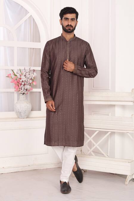 Shop_Arihant Rai Sinha_Brown Silk Embroidery Art Straight Kurta _Online_at_Aza_Fashions