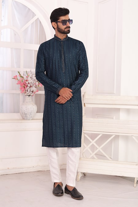 Shop_Arihant Rai Sinha_Blue Silk, Polyester Embroidery Art Straight Kurta _Online_at_Aza_Fashions