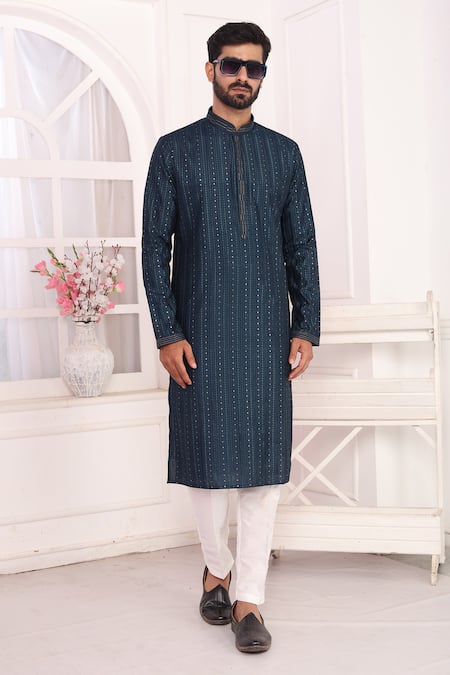Arihant Rai Sinha_Blue Silk, Polyester Embroidery Art Straight Kurta _at_Aza_Fashions