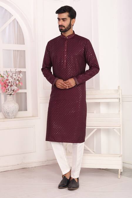 Buy_Arihant Rai Sinha_Wine Silk Embroidery Straight Kurta _Online_at_Aza_Fashions