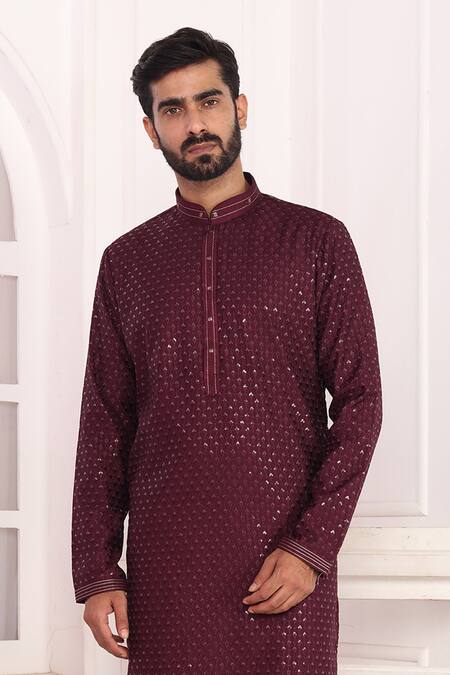 Shop Arihant Rai Sinha Wine Silk Embroidery Straight Kurta Online at Aza Fashions Shop_Arihant Rai Sinha_Wine Silk Embroidery Straight Kurta _Online_at_Aza_Fashions