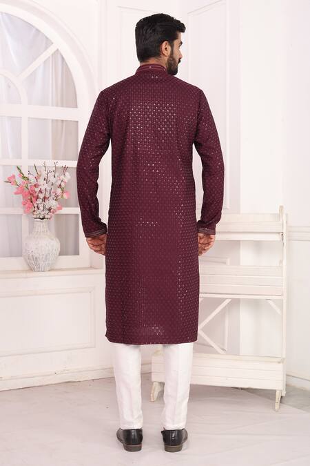 Arihant Rai Sinha_Wine Silk Embroidery Straight Kurta _Online_at_Aza_Fashions