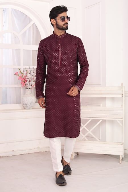 Arihant Rai Sinha Wine Silk Embroidery Straight Kurta 