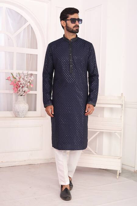 Arihant Rai Sinha_Blue Silk Embroidery Art Straight Kurta _Online_at_Aza_Fashions