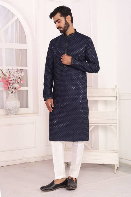 Shop_Arihant Rai Sinha_Blue Silk Embroidery Art Straight Kurta _Online_at_Aza_Fashions
