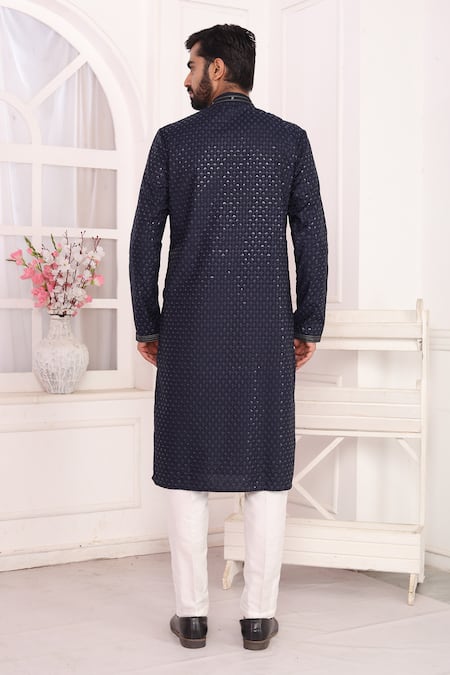 Shop_Arihant Rai Sinha_Blue Silk Embroidery Art Straight Kurta _at_Aza_Fashions