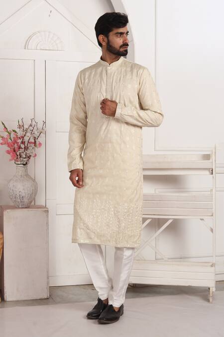 Shop_Arihant Rai Sinha_Beige Silk Embroidery Kurta Set With Aligadhi Pant _Online_at_Aza_Fashions