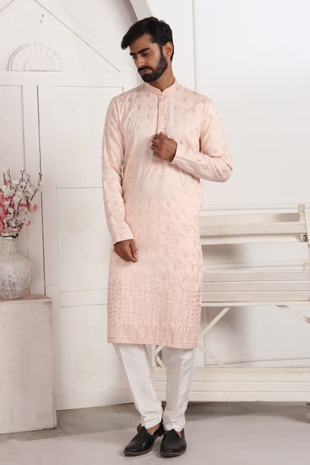 Shop_Arihant Rai Sinha_Pink Silk Embroidery Straight Kurta And Aligadhi Pant Set _Online_at_Aza_Fashions