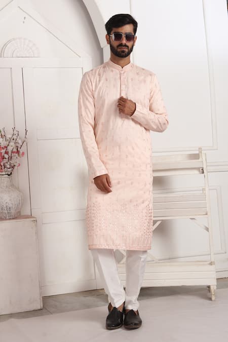 Arihant Rai Sinha Pink Silk Embroidery Straight Kurta And Aligadhi Pant Set 