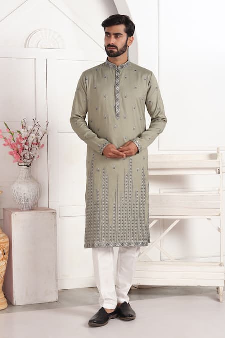 Shop_Arihant Rai Sinha_Green Silk Embroidery Kurta And Off White Pant Set _Online_at_Aza_Fashions