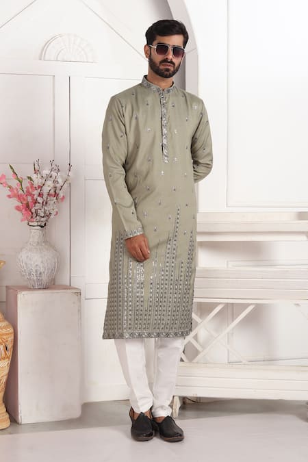 Buy_Arihant Rai Sinha_Green Silk Embroidery Kurta And Off White Pant Set 