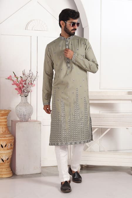 Shop_Arihant Rai Sinha_Green Silk Embroidery Kurta And Off White Pant Set 