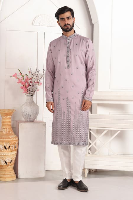 Shop_Arihant Rai Sinha_Lilac Silk Embroidery Art Kurta Set 
