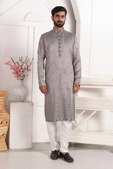 Arihant Rai Sinha_Gray Silk Embroidery Grey Kurta Set With Off White Pants _at_Aza_Fashions
