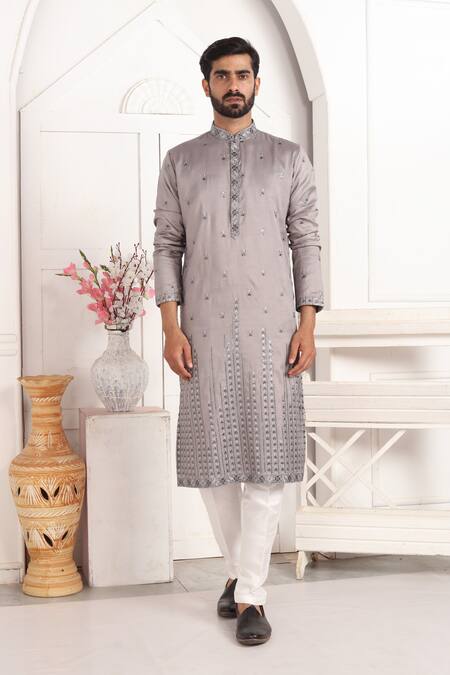 Buy_Arihant Rai Sinha_Gray Silk Embroidery Grey Kurta Set With Off White Pants 