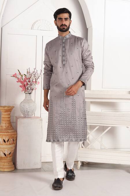 Shop_Arihant Rai Sinha_Gray Silk Embroidery Grey Kurta Set With Off White Pants 