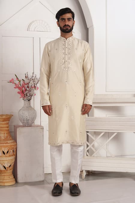Buy_Arihant Rai Sinha_Beige Brocade, , Chanderi Embroidery, Mirrors Straight Kurta Set _Online_at_Aza_Fashions
