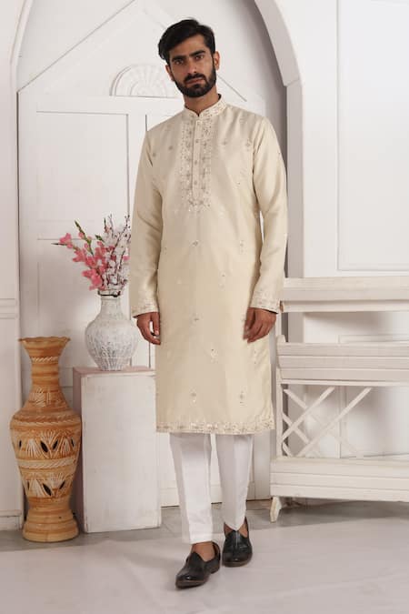 Shop_Arihant Rai Sinha_Beige Brocade, , Chanderi Embroidery, Mirrors Straight Kurta Set _Online_at_Aza_Fashions