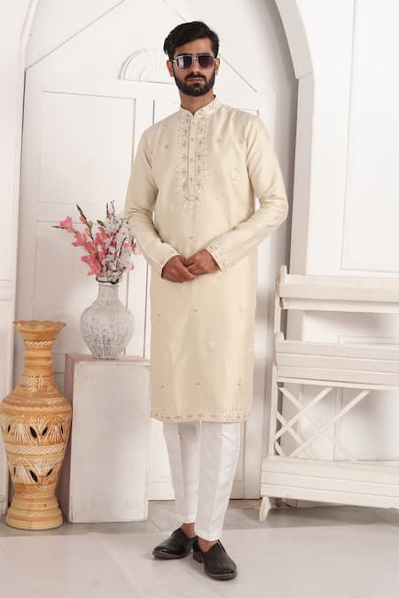 Arihant Rai Sinha_Beige Brocade, , Chanderi Embroidery, Mirrors Straight Kurta Set _at_Aza_Fashions