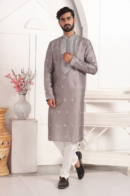 Shop_Arihant Rai Sinha_Gray Silk, Chanderi Mirrors, Embroidery Grey Kurta Set With Aligadhi Pant _Online_at_Aza_Fashions