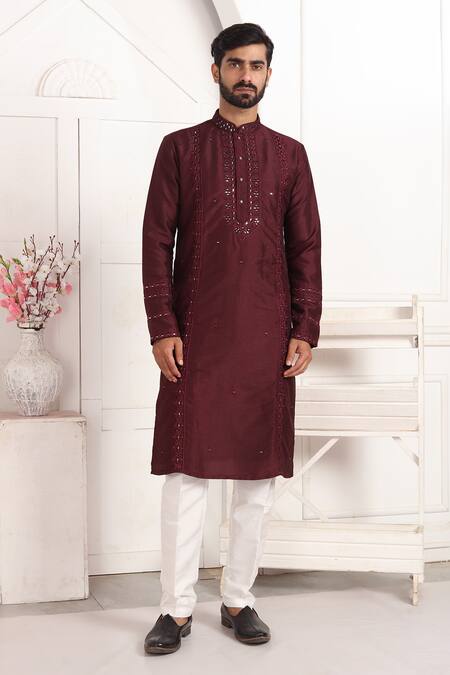 Buy_Arihant Rai Sinha_Wine Silk Embroidery, Mirrors Straight Kurta Set With Aligadhi Pant _Online_at_Aza_Fashions