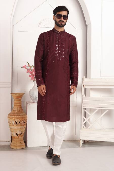 Shop_Arihant Rai Sinha_Wine Silk Embroidery, Mirrors Straight Kurta Set With Aligadhi Pant 
